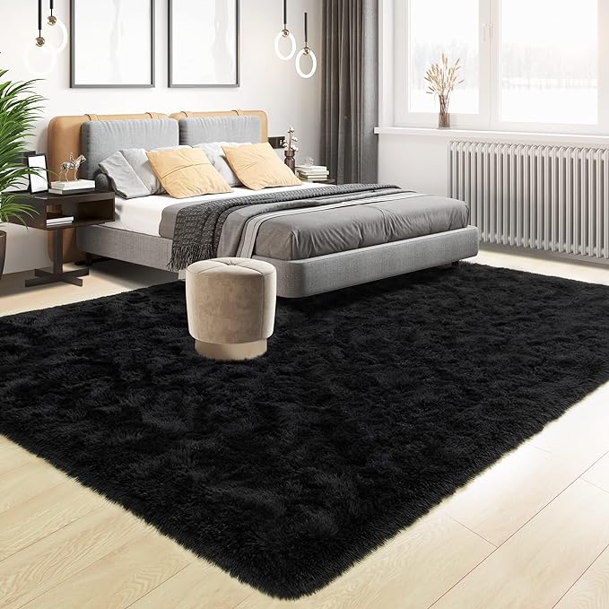 Tepook Fluffy Large Rugs for Living Room, Shag Area Rug 6x9 Soft Carpet for Bedroom, Modern Shaggy Rug for Kids Boys Girls, Plush Indoor Nursery Home Decor Rug with Non-Slip Bottom, Black, 6 X 9 Feet