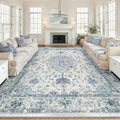 Area Rugs 10'x14' Washable Non-Slip, Floral Vintage Distress Print Pattern Medallion Carpet for Living Room Bedroom Dining Room, Light Blue Navy Beige Gray White