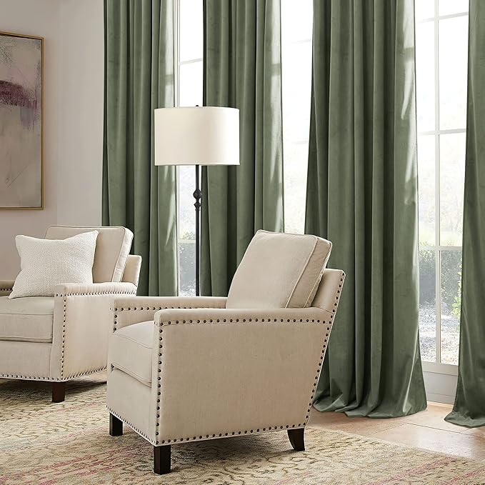 RYB HOME Sage Green Velvet Curtains 92 inches with Hook Belt, Soft Fabric Room Darkening Thermal Insulated Luxurious Home Decor Curtains for Living Room Bedroom, W 52" x L 92", 2 Panels Set