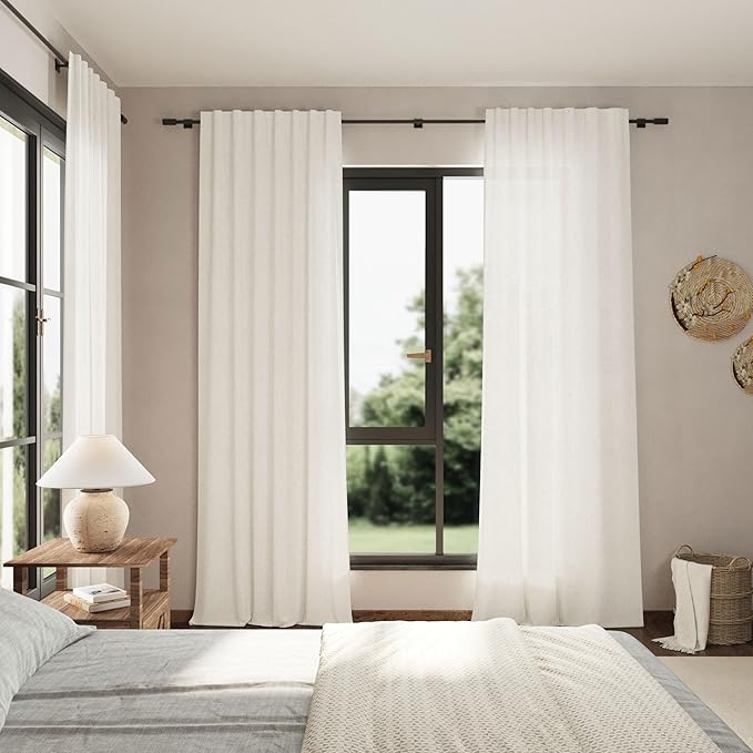 Beige White Linen Curtains 108 Inches Long for Living Room Bedroom 2 Panels Set Extra Long Back Tab Curtain Light Filtering Semi Sheer Drapes Floor to Ceiling Curtains for Large Windows 52x108