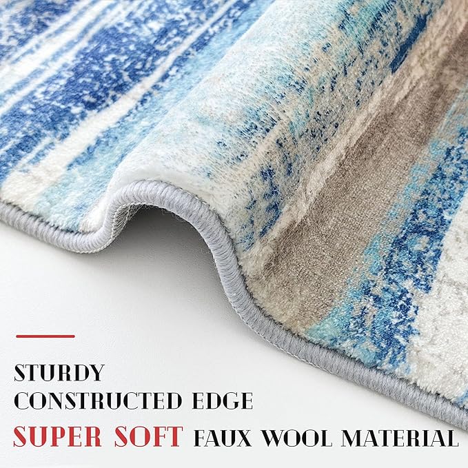 Lansny Modern Abstract Runner Rug 2x5, Blue Washable Entryway Kitchen Runner Non-Slip Soft Hallway Rug Runner Thin Print Faux Wool Carpet for Bedroom Laundry Room Indoor