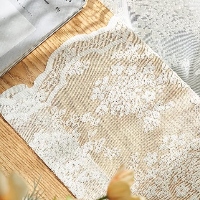YJ YANJUN Vintage Lace Curtains 45 Inch Length- Victorian Country Floral Short Voile Sheer Kitchen Cafe Curtains Old House Privacy Bathroom Window Drapes 52W x 45L inch Ivory