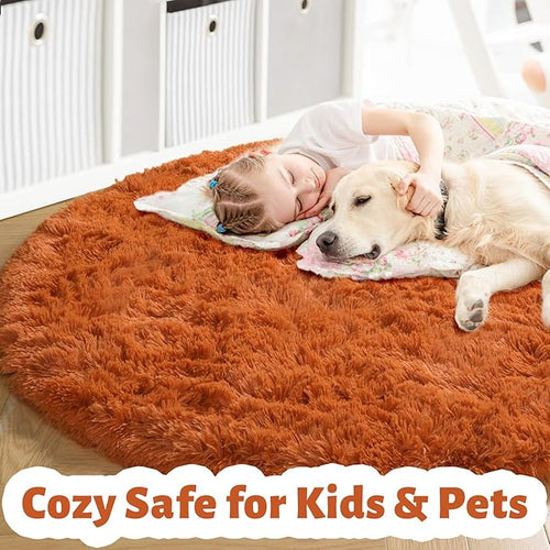 Amdrebio Burnt Orange Round Circle Rug 4Ft for Bedroom Living Room Decor Aesthetic, Fluffy Furry Fuzzy Shaggy Area Rugs for Kids Room, Small Plush Shag Dark Orange Carpet for Nursery Dorm Classroom
