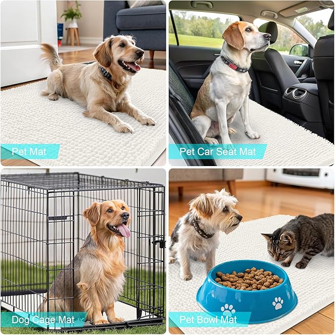 OLANLY Dog Door Mat for Muddy Paws 47x17, Absorbs Moisture and Dirt, Absorbent Non-Slip Washable Doormat, Quick Dry Chenille Mud Mat for Dogs, Entry Indoor Entryway Carpet for Inside Floor, Ivory