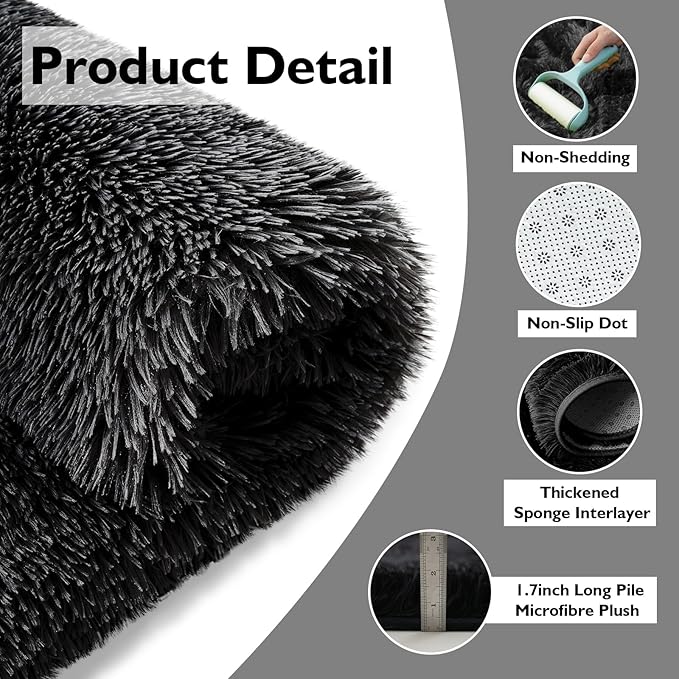 2x3 Fluffy Area Rugs for Bedroom Living Room,Small Soft Shag Fuzzy Rug Non-Shedding Indoor Plush Carpet for Kids Bedroom Nursery Dorm Home Decor,Black