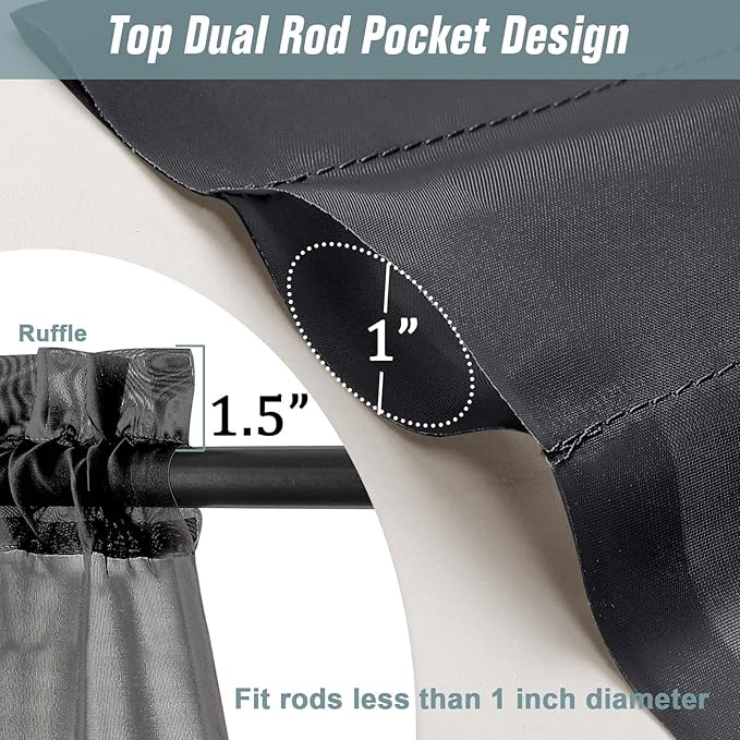 Black Small Sheer Curtains Tier 24 Inches Length 2 Pieces, Light Filtering Cafe Curtains Sheers for Living Room Bathroom, Modern Window Treatments Dual Rod Pocket Panels, 2X42Wx24L Inches