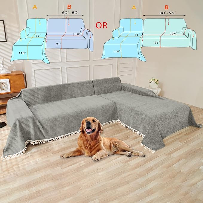HANDONTIME Couch Slipcovers for Sofas Dark Grey Couch Cover Sofa Cover for Dogs Boho Pet Couch Protector with Tassel Chenille Herringbone Couch Cover for 2 3 Seat Washable Pet Friendly, 71" X118"