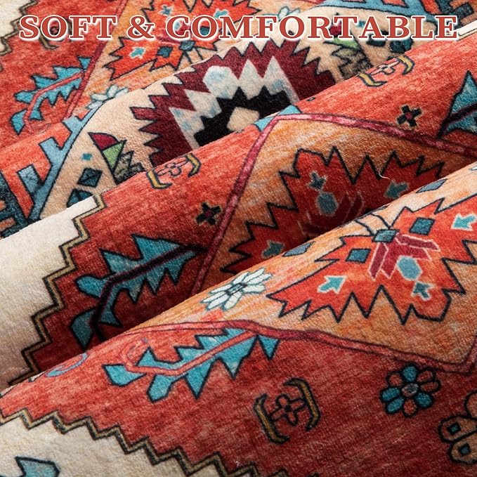 SERISSA Boho Rugs for Entryway, 2x3 Orange Entryway Rug Non-Slip Washable Small Area Rug, Ultra Soft Oriental Vintage Low-Pile Indoor Door Mat Floor Carpet for Entrance Bedroom Kitchen Bathroom