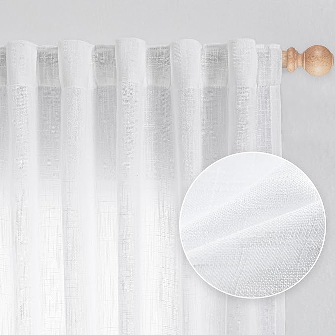 MYSKY HOME White Curtains 80 Inch Length 2 Panels Set, Semi Sheer Cotton Blend Soft Touch Light Filtering Drapes for Doorways Sliding Glass Door, 50" Wide per Panel, White, 2 PCs