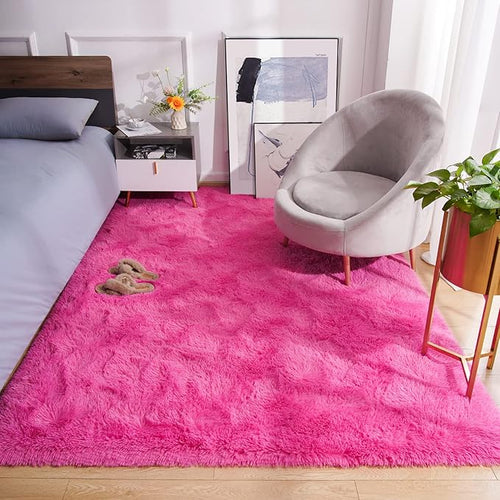 Amearea Premium Soft Area Rug 4x5.3 Feet, Pink Rugs for Living Room, Fluffy Carpet for Bedroom Nursery Playroom Teen Bedside Home Decor, Comfortable Indoor Furry Dorm Carpets, Hot Pink