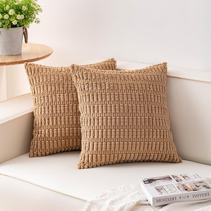 Pack of 2 Corduroy Decorative Throw Pillow Covers 20x20 InchSoft Striped Pillow Covers Modern Farmhouse Home Decor for Sofa Living Room Couch Bed（Coffee）