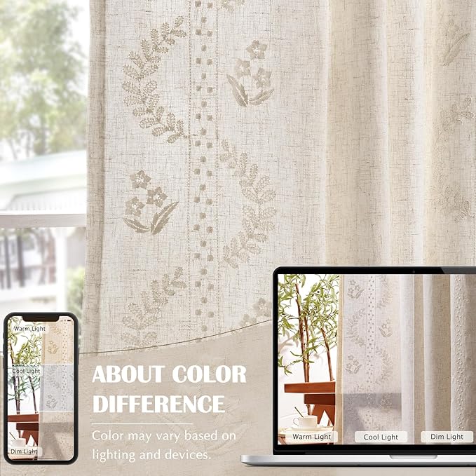 jinchan Belrose Lined Linen Blend Curtains Boho Floral Curtains for Bedroom 63 Inch Length Ivory Embroidered Drapes Rod Pocket Farmhouse Flower Drapes for Living Room Window Treatments Set 2 Panels