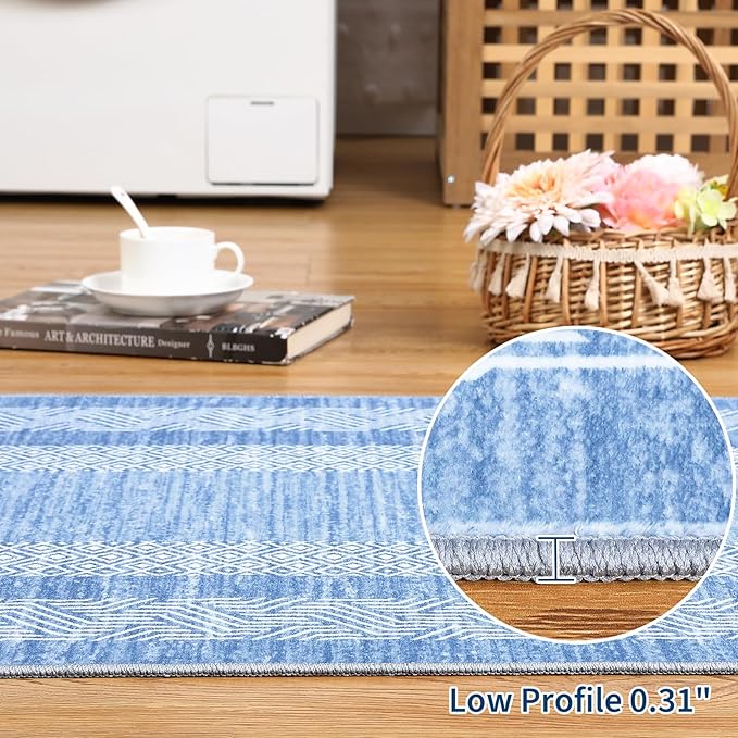GarveeHome 2x6 Modern Bordered Runner Rug Soft Non Slip Washable Floor Carpet Distressed Geometric Hallway Indoor Printed Rug for Kitchen Entrance, Light Blue
