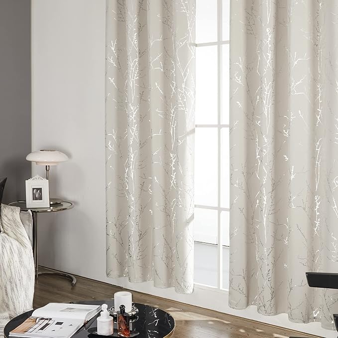 Deconovo Short Kitchen Curtains, Room Darkening Curtain Beige, Thermal Insulated Soundproof Drapes, Silver Branch Print, 42 x 54 Inch, Machine Washable Window Panels for Living Room Office, Set of 2