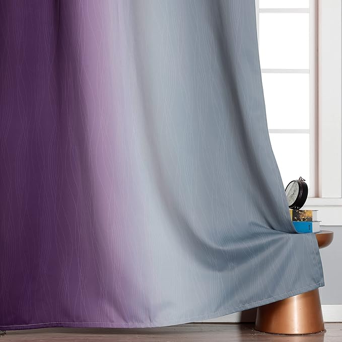 Purple and Grey Blackout Curtains 84 Inches Long,Ombre and Wavy Line Pattern 100% Blackout Curtains for Bedroom,Full Light Blocking Grommet Thermal Insulated Drapes for Kids Room, 42x84 Inch, 2 Panels