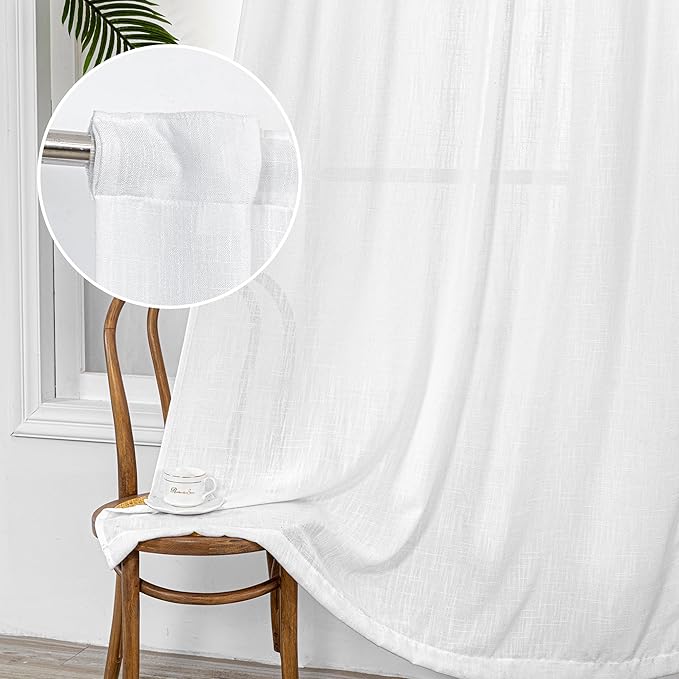 MYSKY HOME Short Curtains for Small Kitchen Windows 45 inches Length, Linen Look Curtain Drapes Cotton Polyester Blend, Soft Fabric Light Filtering Privacy Protect, 50 x 45 inches, White, 2 PCs