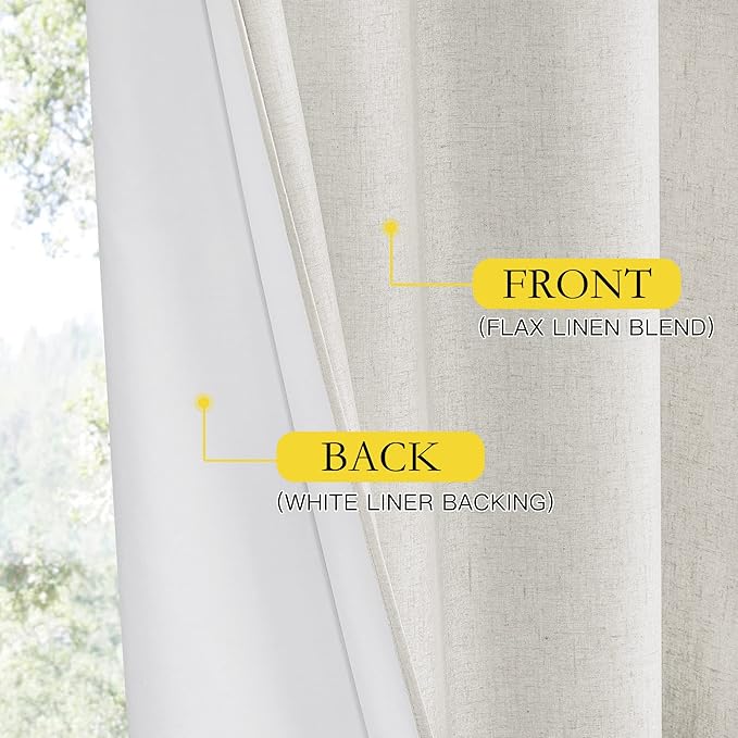NICETOWN Extra Long Linen 100% Blackout Curtains 108 inches Length 2 Panels Set with Thermal Insulated Liners, Ivory, 62" Width, Farmhouse Style Window Draperies for Patio Sliding Glass Door