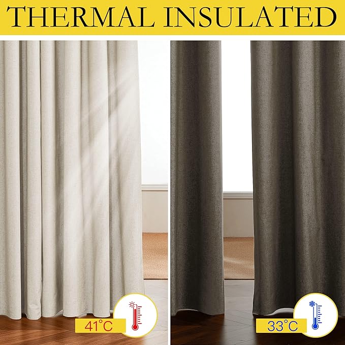 NICETOWN 100% Absolutely Blackout Linen Curtains with Thermal Insulated White Liner, Beige, W62, 2 Pieces, Noise Reducing Textured Linen Look Curtains for Windows 102 inch Length for Classroom
