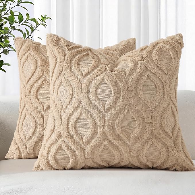 decorUhome Throw Pillow Covers 22x22 Inch Set of 2, Soft Plush Faux Wool Light Khaki Solid Couch Pillow Covers, Accent Euro Sham Farmhouse Neutral Square Pillow Cases for Sofa Bed Living Room