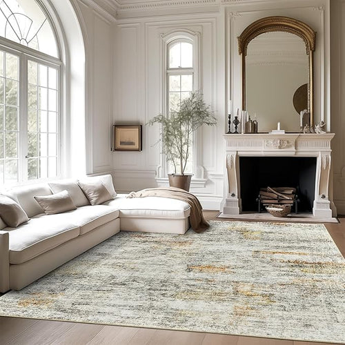 5x7 Area Rugs Gray Rust Low Pile Indoor Washable Trendy Faded Style Rugs for Bedroom Living Room Dining Room Foldable Non-Slip Thin Print Mat