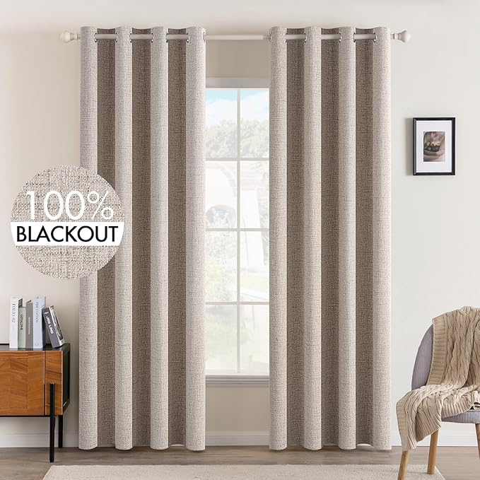 MIULEE Linen Texture Curtains for Bedroom Solid 100% Blackout Thermal Insulated Khaki Curtains Grommet Room Darkening Drapes Luxury Decor for Living Room Nursery 52x96 Inch (2 Panels)