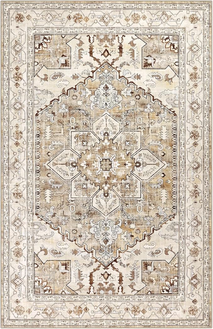 Yamaziot Area Rug 5x7, Non-Slip Washable Boho Vintage Living Room Bedroom Rug with Rubber Backing, Low Pile Faux Wool Soft Distressed Rug Floor Carpet for Living Room, Bedroom