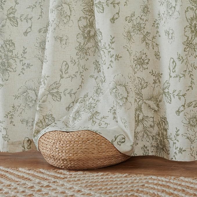jinchan Linen Blend Floral Curtains for Living Room 84 Inch Length Farmhouse Printed Curtain Rod Pocket Back Tab Sage Green Peony Flower Patterned Drapes Bedroom Curtains Set 2 Panels