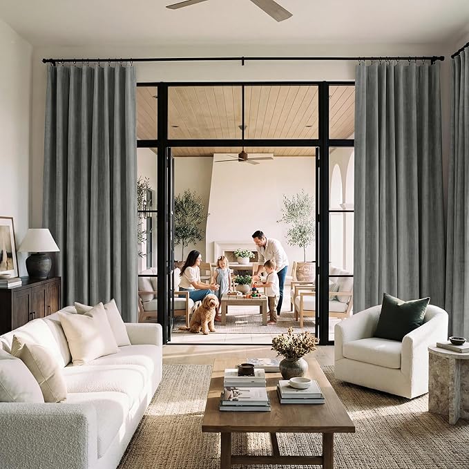 RYB HOME 100% Blackout Linen Textured Curtains 96 inches Long, Thermal Insulating Privacy Energy Saving for Bedroom Living Room Window Office Theater Baby Nursery, W 52 x L 96 in, Grey, 2 Panels