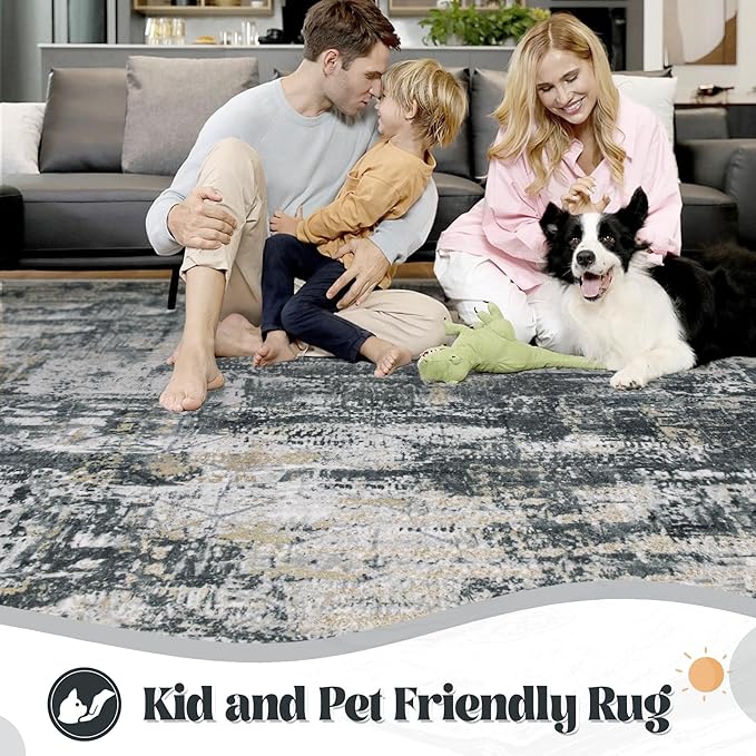 XLUEZ 8x10 Area Rugs for Living Room, Washable Modern Abstract Large Area Rug Neutral Soft Non Slip Kids Rug Stain Resistant Indoor Carpet for Bedroom Nursery Dining Room Office(BlackGreyGold, 8'x10')