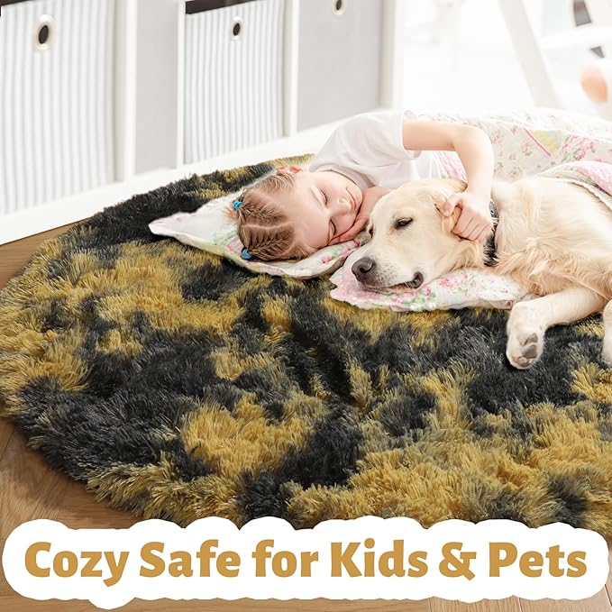 Amdrebio Black Gold Yellow Grey Round Circle Rugs 5Ft for Bedroom Living Room Decor, Fluffy Furry Area Rug for Kids Room Dorm Home Office, Modern Cool Leopard Cheetah Shag Carpet for Teen Boys Men