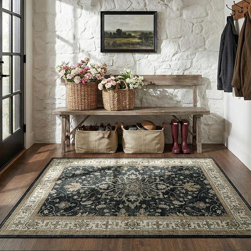 Area Rugs 3'x5' Washable Non-Slip, Floral Vintage Distress Print Pattern Medallion Carpet for Living Room Bedroom Dining Room, Vintage Black Brown Neutral