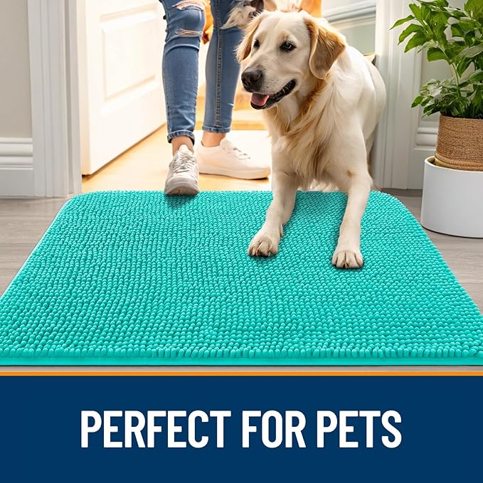 OLANLY Dog Door Mat for Muddy Paws 50x30, Absorbs Moisture and Dirt, Absorbent Non-Slip Washable Doormat, Quick Dry Chenille Mud Mat for Dogs, Entry Indoor Entryway Carpet for Inside Floor, Teal