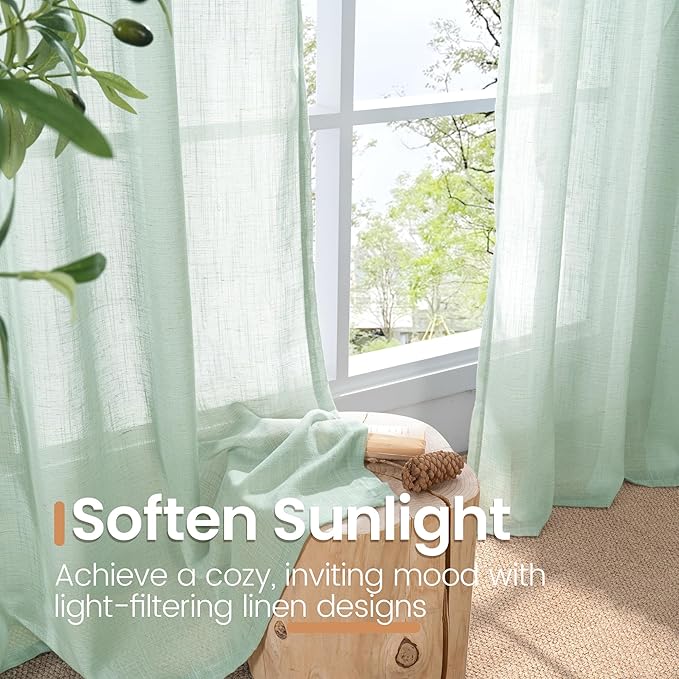 BGment Sage Green Linen Curtains 36 Inch Length for Kitchen Window - Small Drapes Light Filtering for Cafe Bathroom Decorative Lightweight Natural Rustic Rod Pocket, 2 Panels Set, 42 X 36 Inch