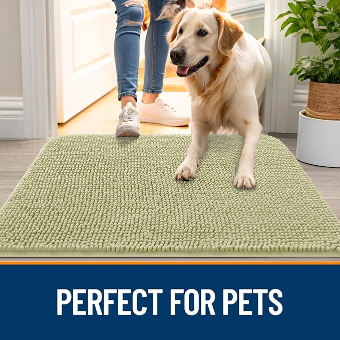 OLANLY Dog Door Mat for Muddy Paws 48x30, Absorbs Moisture and Dirt, Absorbent Non-Slip Washable Doormat, Quick Dry Chenille Mud Mat for Dogs, Entry Indoor Entryway Carpet for Inside Floor, Vanilla