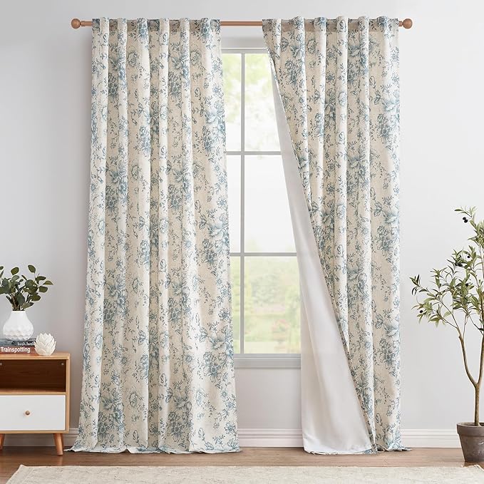 jinchan Lined Linen Blend Curtain Floral Curtains for Living Room 96 Inches Long Blue Peony Flower Printed Curtain Rod Pocket Back Tab Farmhouse Patterned Drapes Bedroom Window Curtains Set 2 Panels