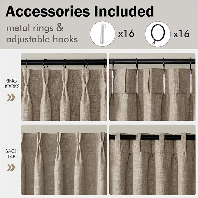 MIULEE Pinch Pleated Thick Linen Curtains 108 Inches Length 2 Panels for Living Room Bedroom, Extra Long Pinch Pleat Drapes Back Tab Light Filtering Grey Beige Foor to Ceiling Curtains with Hooks