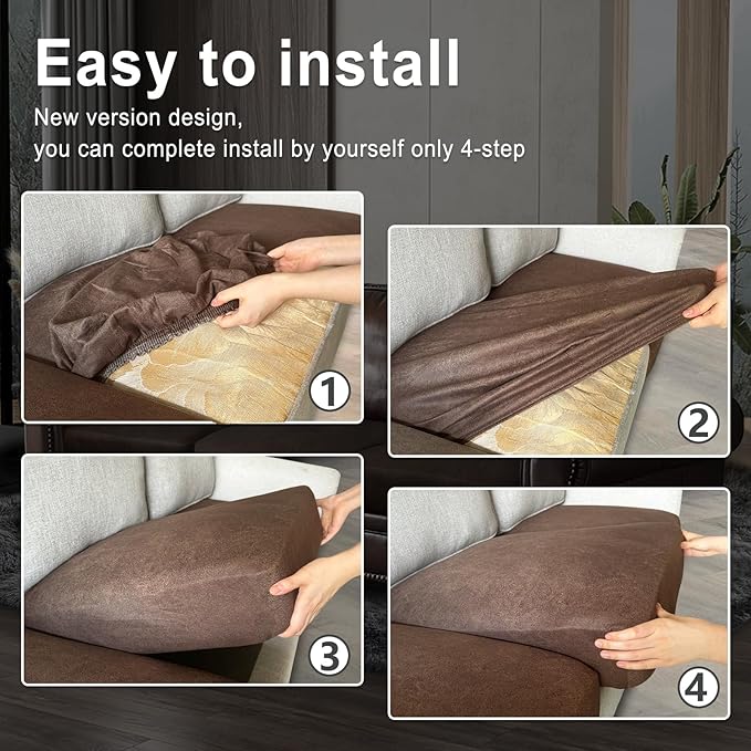 Leather Look Couch Cushion Covers Sofa Seat Slipcovers Sets Couches Furniture Protector for Sectional Armchair Loveseat Pets Kids Stretch Spandex Fabric (2 Cushion Loveseat, Brown)