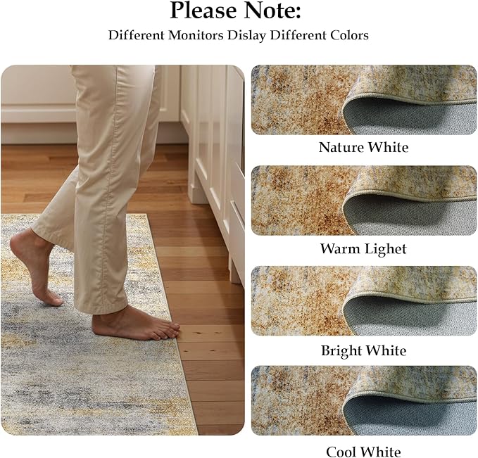 2'6''x14' Washable Kitchen Runner Rug: Modern Abstract Runners for Hallway Soft Non Slip Rugs with Rubber Backing Low Pile Thin Floor Carpet for Entryway Bedroom Bathroom Indoor(Grey/Yellow,2'6''x14')