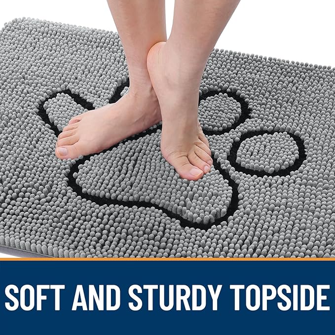 OLANLY Dog Door Mat for Muddy Paws 32x20, Paw Print Design, Absorbs Moisture and Dirt, Absorbent Non-Slip Washable Doormat, Quick Dry Chenille Mud Mat for Dogs, Entry Indoor Entryway Carpet, Grey