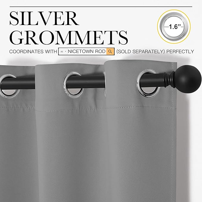NICETOWN Thermal Insulated Grommet Blackout Curtains, Kids Window Drape Panel for Nursery, Privacy Short Curtains (Silver Grey, 2 Panels, W42 x L68 -Inch)