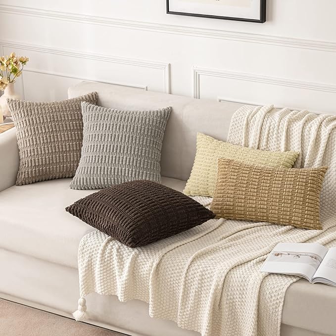 MIULEE Pack of 2 Corduroy Decorative Throw Pillow Covers 18x18 Inch Soft Boho Striped Pillow Covers Modern Farmhouse Home Decor for Sofa Living Room Couch Bed Light Brown