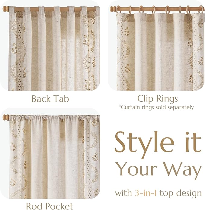 jinchan Belrose Linen Curtains for Bedroom Floral Curtains 108 Inch Length Linen Blend Beige Embroidered Drapes Farmhouse Flower Patterned Drapes for Living Room Window Treatments Set 2 Panels