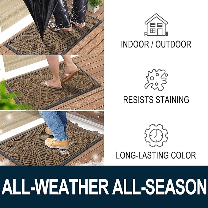 Colorxy Waterproof Doormat, Sturdy Natural Rubber Front Indoor Mat, Non Slip Low Profile Outdoor Door Mat, Stain and Fade Resistant Floor Mats, Easy Clean Patio Entry Mat, 30''x17'', Light Brown