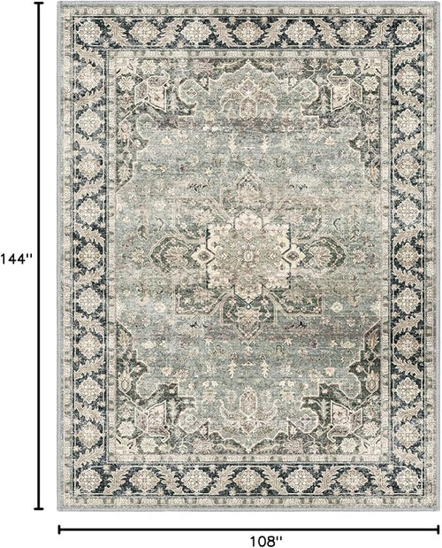 9x12 Area Rugs - 9x12 Washable Area Rug Indoor Vintage Rug Print Rug Low-Pile Floor Carpet for Living Room, Bedroom (Olive Charcoal)