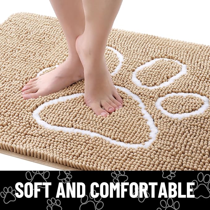 Smiry Dog Door Mat for Muddy Paws, Absorbent Dirt Trapper Non Slip Quick Dry Washable Chenille Mat for Mud Dogs, Entry Rug for Indoor and Outdoor (59x35 Inches, Beige and White)