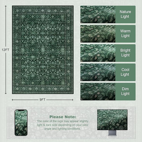 Area Rugs 9x12 Living Room Rug: Washable Rug Soft Vintage Distressed Floral Carpet Indoor Non-Slip Stain Resistant Large Carpets for Bedroom Dining Room Farmhouse Nursery Home Office Deep Green