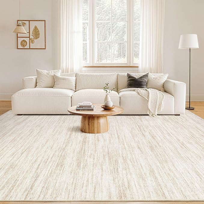 Nakagishi 9x12 Area Rugs Living Room: Washable Large Vintage Rug Neutral Non-Slip Soft Stain Resistant Indoor Carpet for Bedroom Nursery Dining Room Office Playroom - Beige-01
