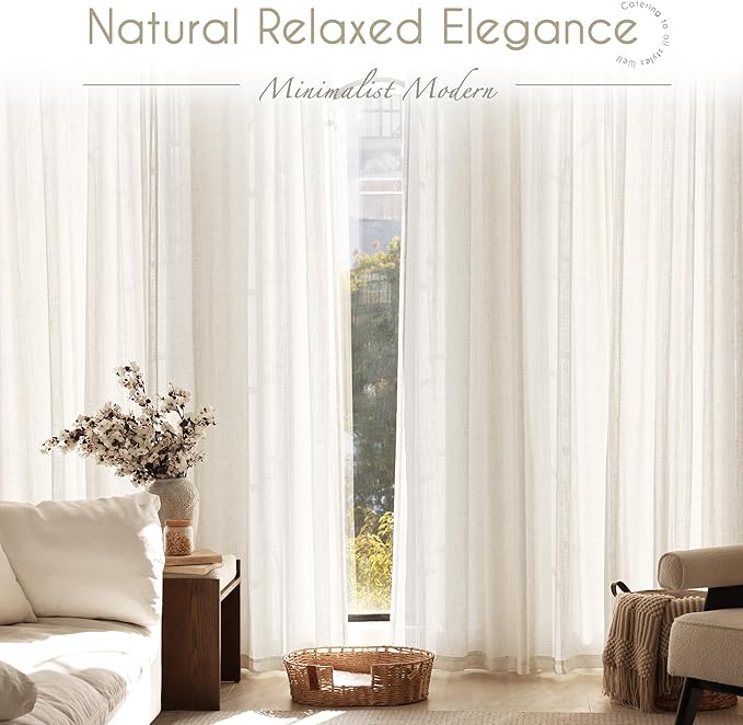 Extra Long 120 inch Curtains Linen Blend for Living Room Back Tab Neutral Rustic Farmhouse Light Filtering Semi Sheer Linen Drapes 120 inch Ceiling to Floor For Villa Hallway Ivory 38" Wx120" L