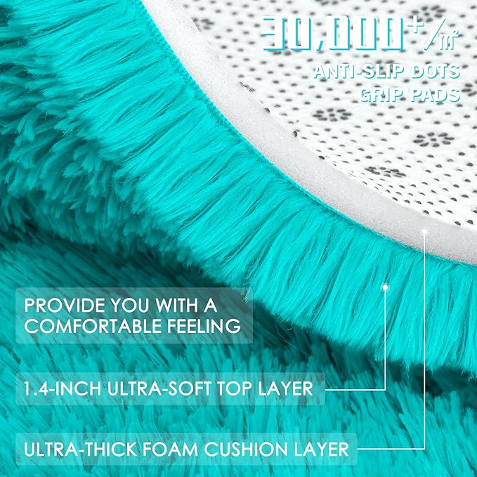 OLANLY Teal Blue Round Rugs for Bedroom - Machine Washable, 6 ft Circle Area Rugs for Living Room, Soft and Fluffy Shaggy Carpet for Teen Girls and Boys, Nursery Rooms, Dorms, Home Decor Aesthetic