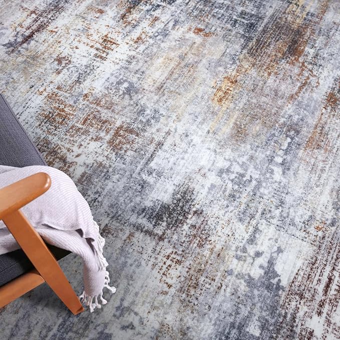 IOHOUZE Abstract Area Rugs 6x9 Ft Washable Rugs for Living Room, Non Slip Dining Room Rug, Printed Faux Wool Rugs for Bedroom, Floor Carpet for Office Nursery Playroom, Orange Grey